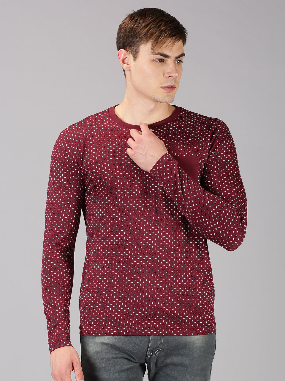Men Maroon All Over Printed Round Neck Organic Pure Cotton Full Sleeve Regular Fit Casual T Shirt