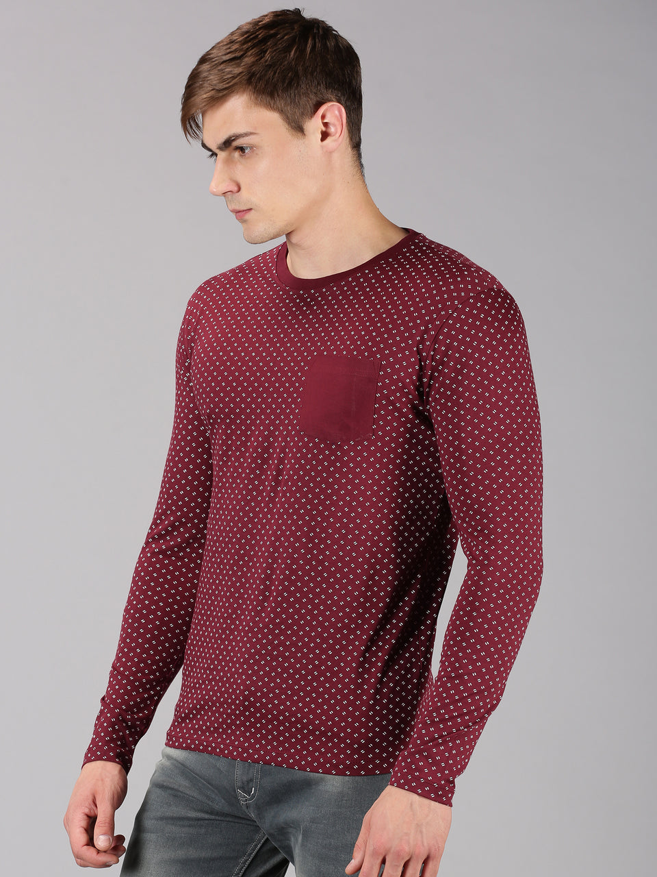 Men Maroon All Over Printed Round Neck Organic Pure Cotton Full Sleeve Regular Fit Casual T Shirt