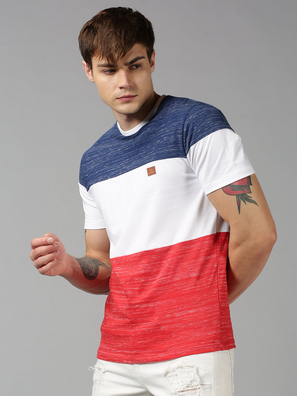 Men Blue White Red Color Blocked Organic Pure Cotton Half Sleeve Regular Fit Casual T-Shirt