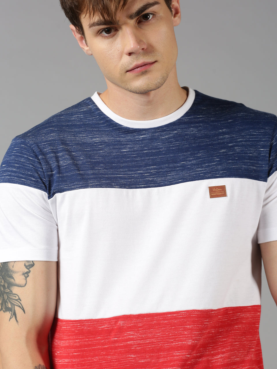 Men Blue White Red Color Blocked Organic Pure Cotton Half Sleeve Regular Fit Casual T-Shirt