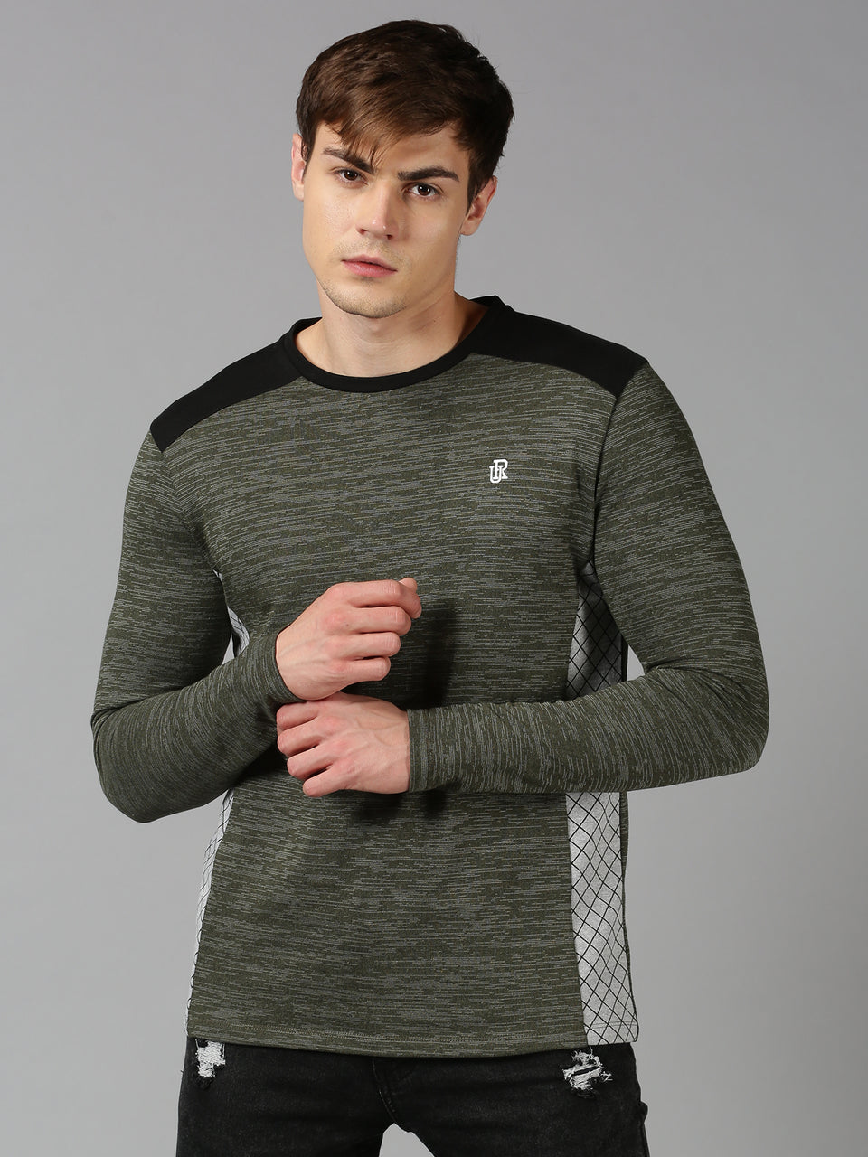 Men Green Color Blocked Round Neck Recycled Cotton Full Sleeve Regular Fit Casual T-Shirt