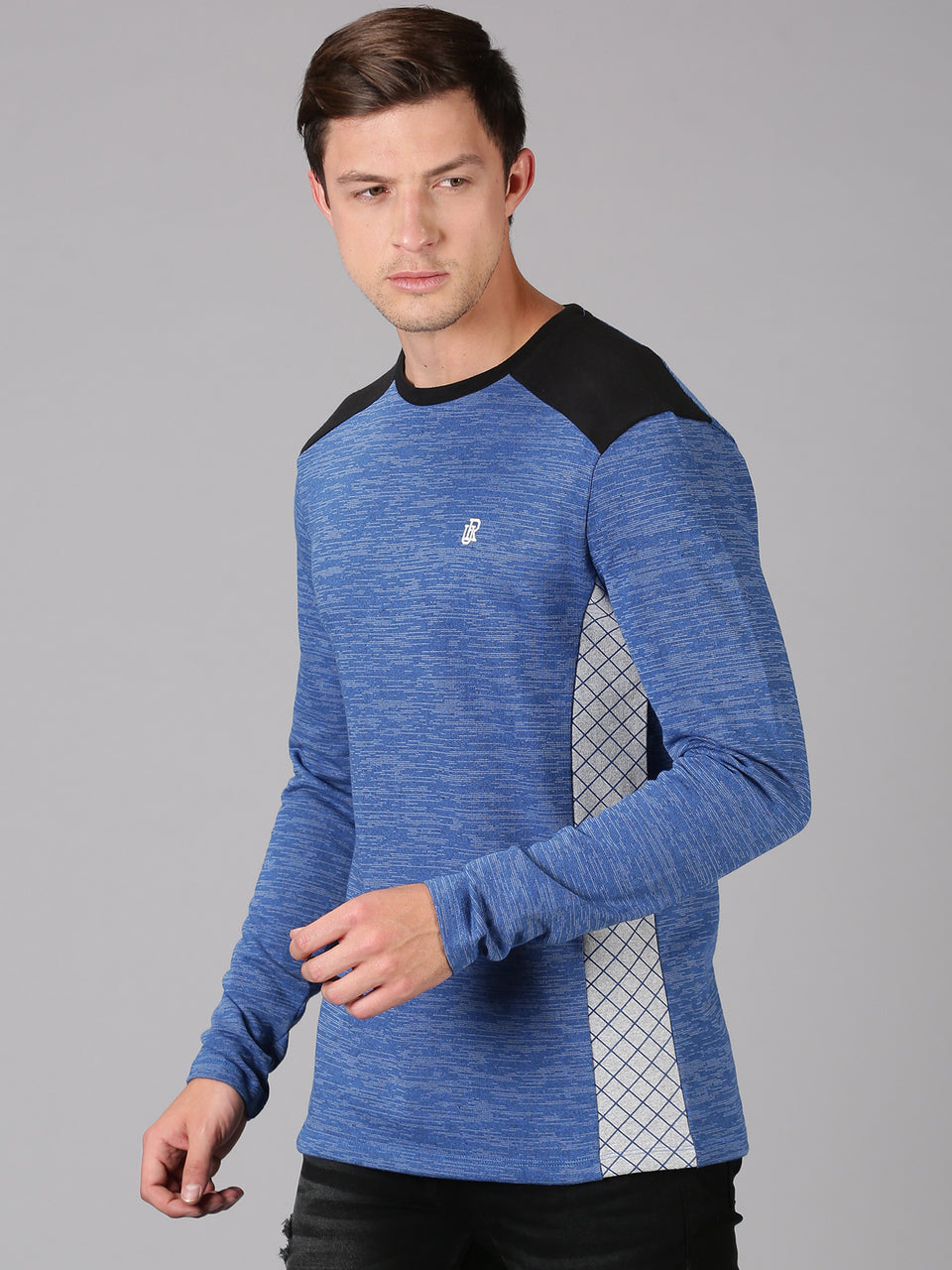Men Blue Color Blocked Round Neck Recycled Cotton Full Sleeve Regular Fit Casual T-Shirts
