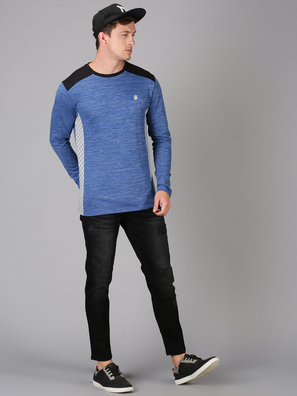 Men Blue Color Blocked Round Neck Recycled Cotton Full Sleeve Regular Fit Casual T-Shirts