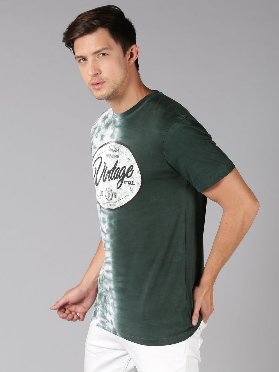 Men Green Vertical Tie and Dye Round Neck Organic Pure Cotton Half Sleeve Regular Fit Casual T-Shirt