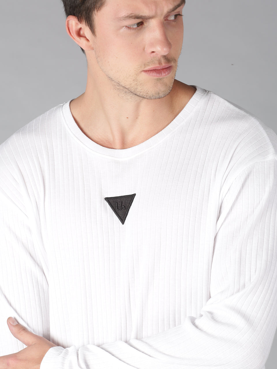 Men White Self Design Round Neck Recycled Cotton Full Sleeve Regular Fit Casual T-Shirt