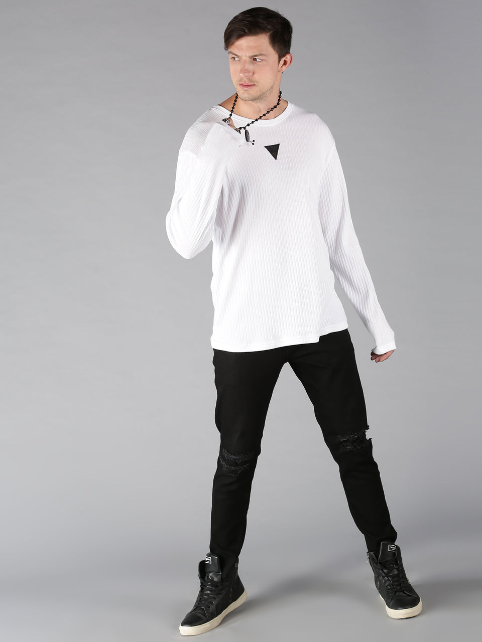 Men White Self Design Round Neck Recycled Cotton Full Sleeve Regular Fit Casual T-Shirt