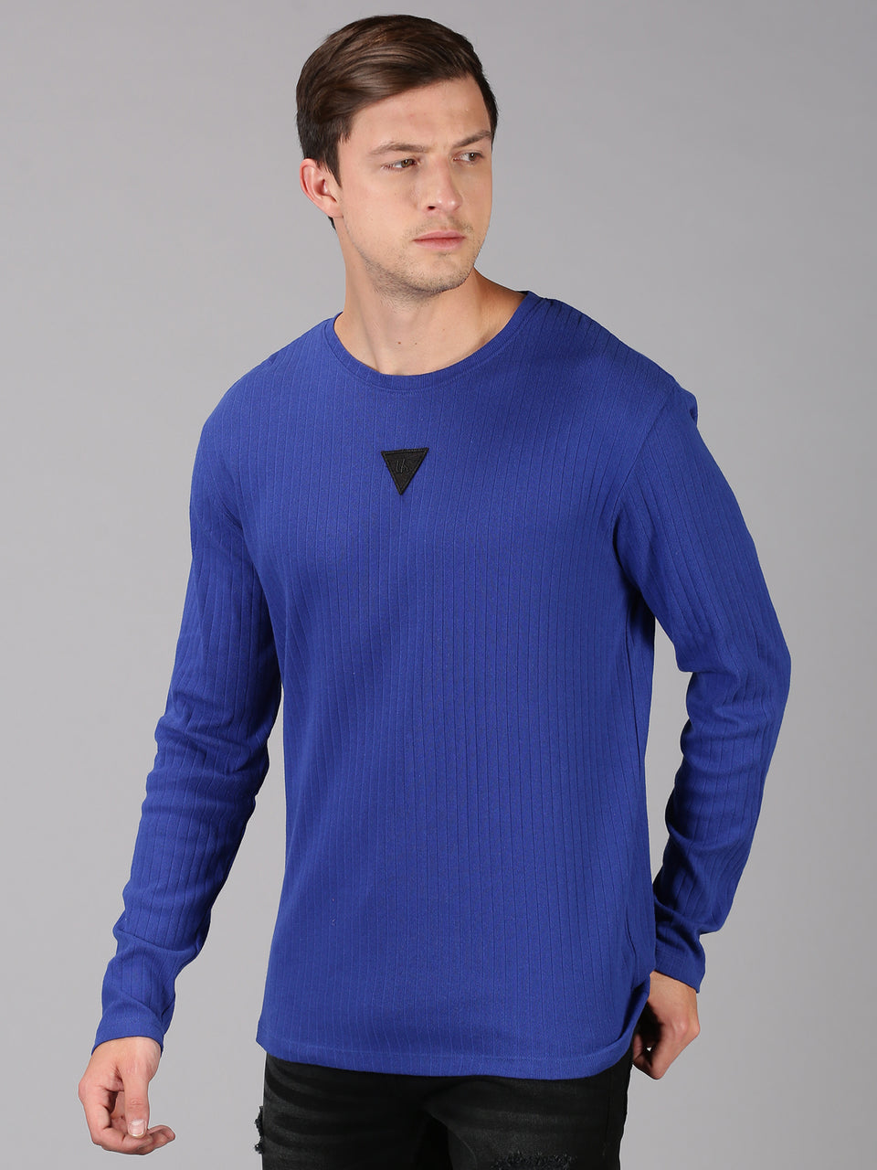 Men Blue Plain Solid Self Design Round Neck Recycled Cotton Full Sleeve Regular Fit Casual T-Shirt