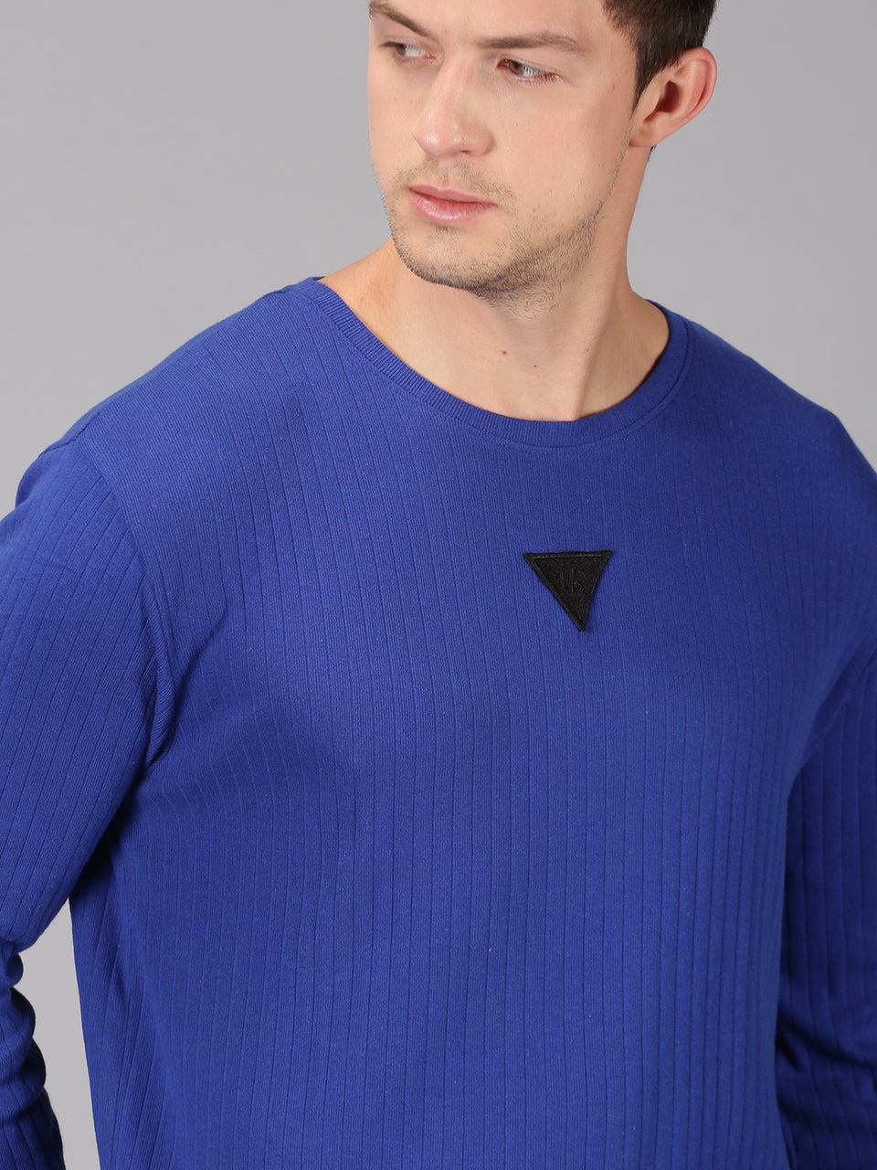 Men Blue Plain Solid Self Design Round Neck Recycled Cotton Full Sleeve Regular Fit Casual T-Shirt
