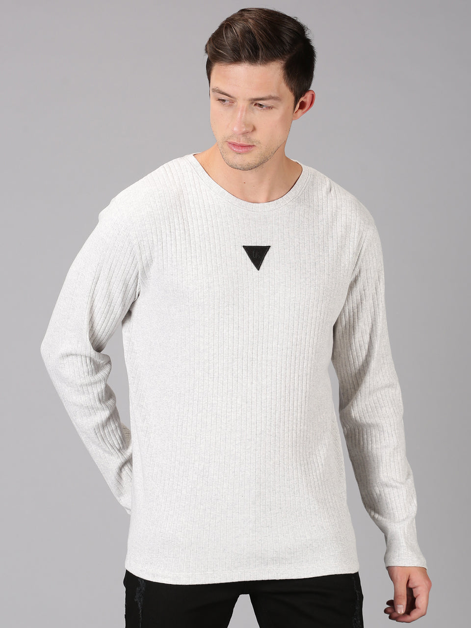 Men Grey Melange Plain Solid Self Design Round Neck Recycled Cotton Full Sleeve Regular Fit Casual T-Shirt