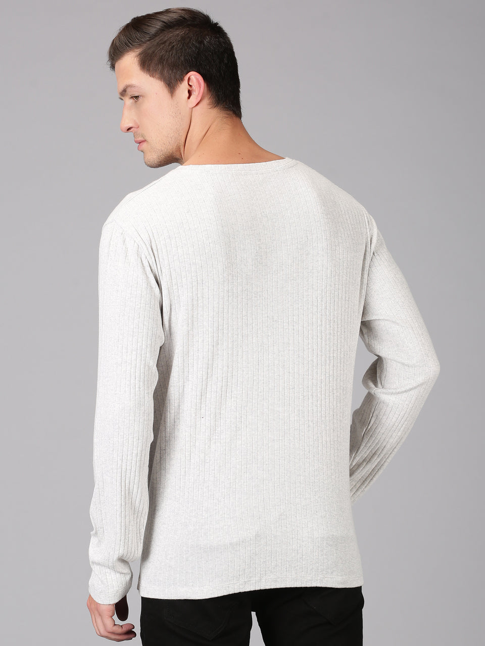 Men Grey Melange Plain Solid Self Design Round Neck Recycled Cotton Full Sleeve Regular Fit Casual T-Shirt