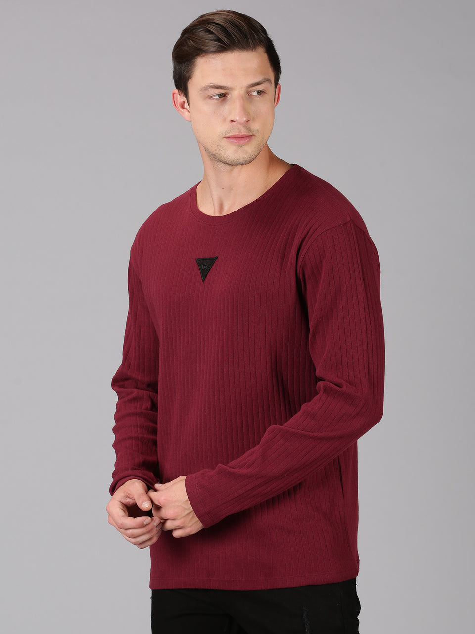 Men Maroon Plain Solid Self Design Round Neck Recycled Cotton Full Sleeve Regular Fit Casual T-Shirts