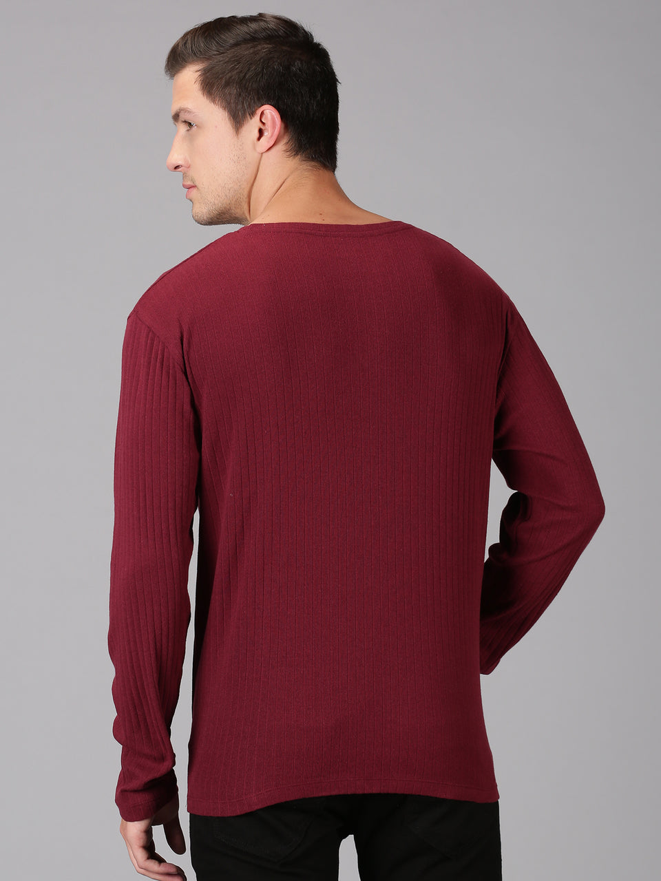 Men Maroon Plain Solid Self Design Round Neck Recycled Cotton Full Sleeve Regular Fit Casual T-Shirts