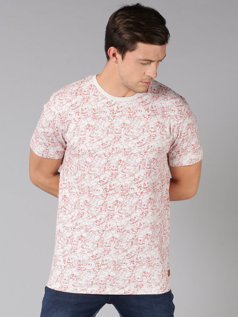 Men pink all over printed crew neck t-shirt