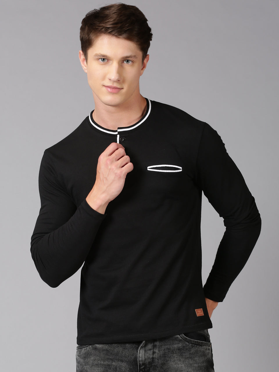 Men Black Plain Solid Trendy Neck Recycled Cotton Full Sleeve Regular Fit Casual T-Shirt with Pocket