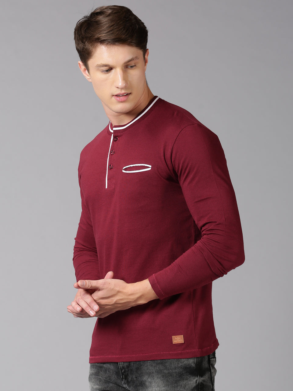 Men Maroon Plain Solid Trendy Neck Recycled Cotton Full Sleeve Regular Fit Casual T-Shirt with Pocket