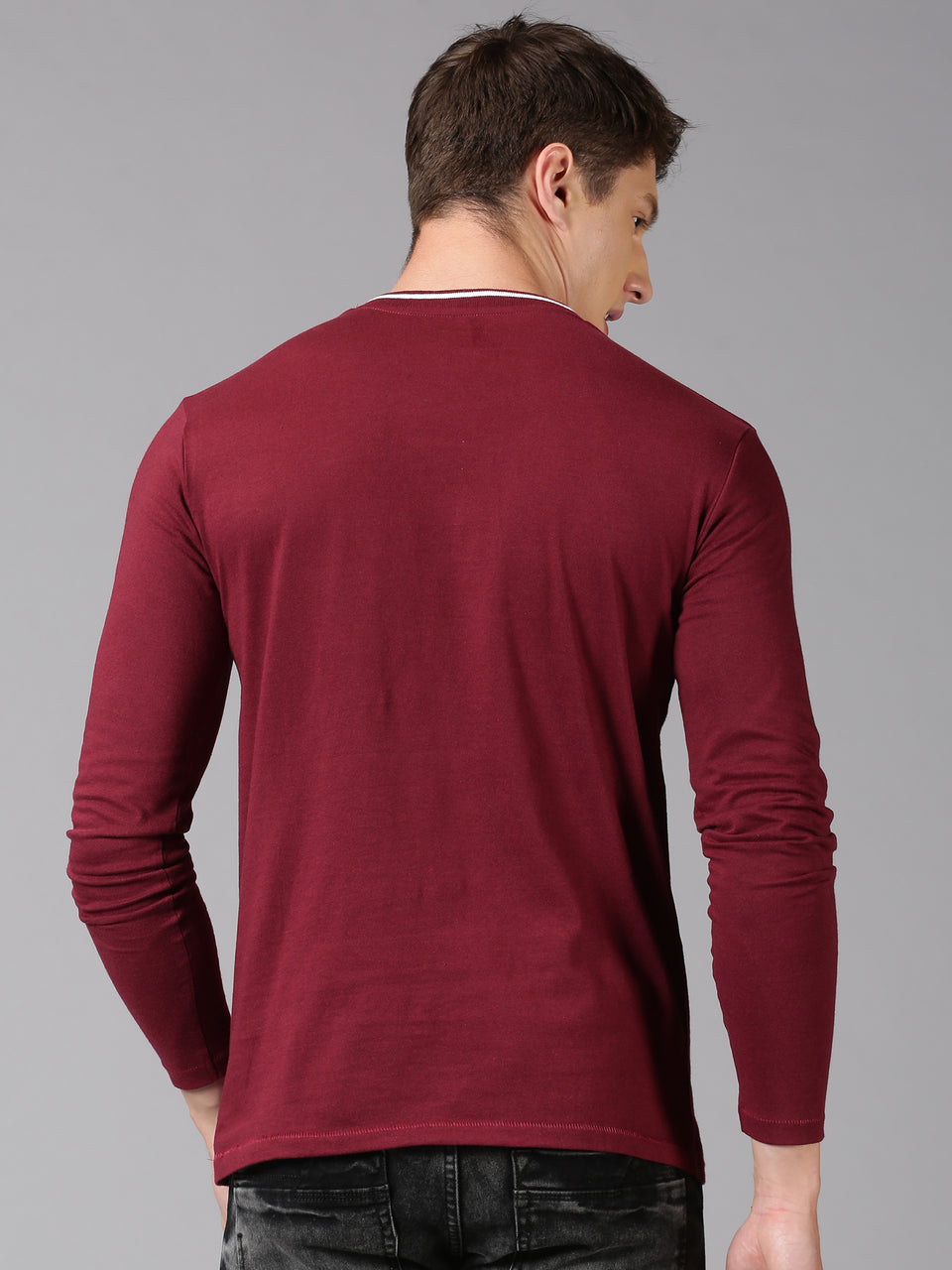Men Maroon Plain Solid Trendy Neck Recycled Cotton Full Sleeve Regular Fit Casual T-Shirt with Pocket