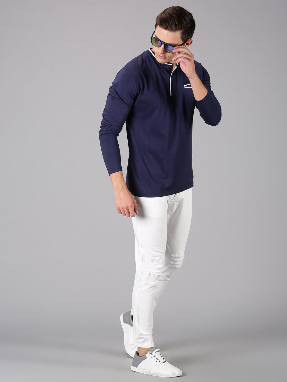 Men Navy Blue Plain Solid Trendy Neck Recycled Cotton Long Sleeve Regular Fit Casual T-Shirt with Pocket