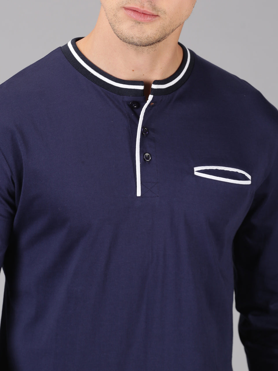Men Navy Blue Plain Solid Trendy Neck Recycled Cotton Long Sleeve Regular Fit Casual T-Shirt with Pocket