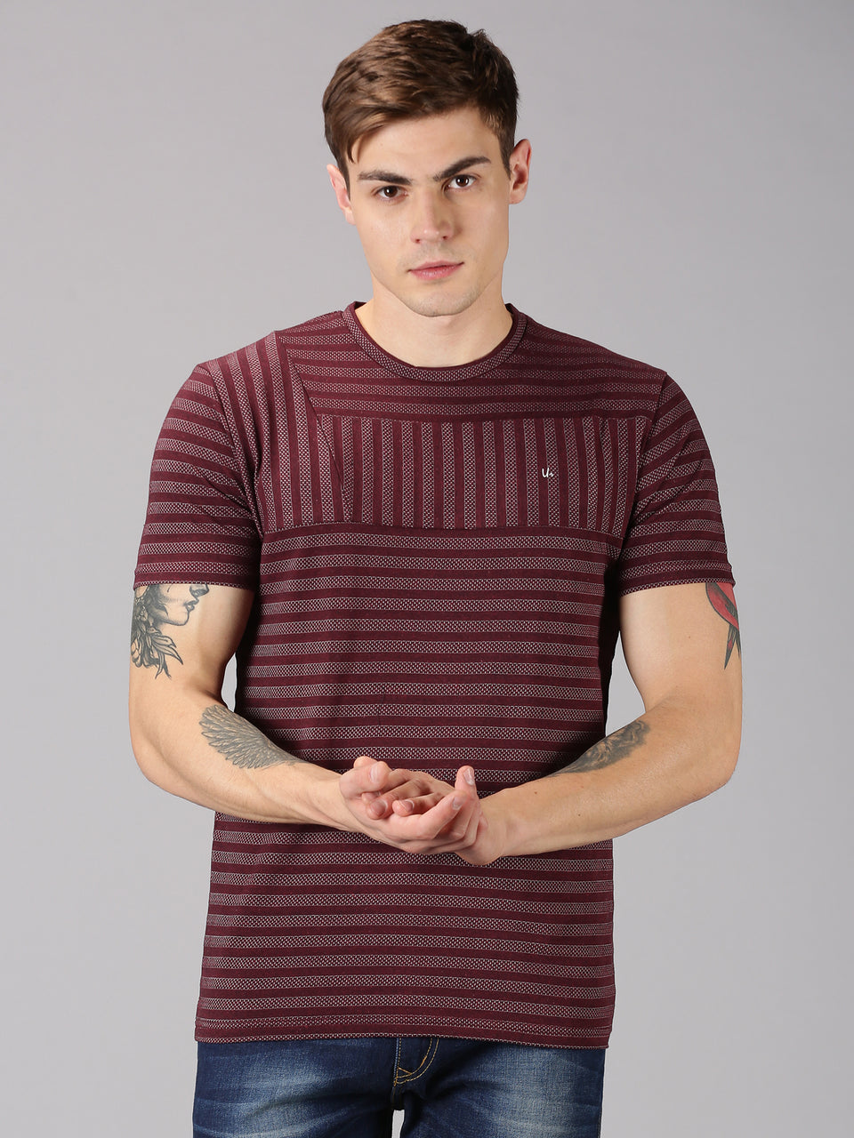 Men Maroon Grey Striped Round Neck Recycled Cotton Half Sleeve Regular Fit Casual T-Shirt