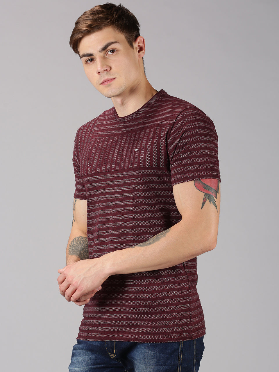 Men Maroon Grey Striped Round Neck Recycled Cotton Half Sleeve Regular Fit Casual T-Shirt