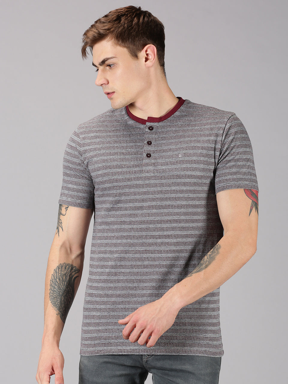 Men Grey Maroon Striped Round Neck with Button Closure Recycled Cotton Half Sleeve Regular Fit Casual T-Shirt