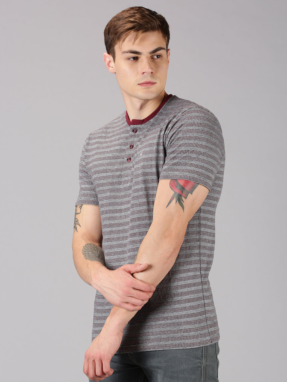 Men Grey Maroon Striped Round Neck with Button Closure Recycled Cotton Half Sleeve Regular Fit Casual T-Shirt
