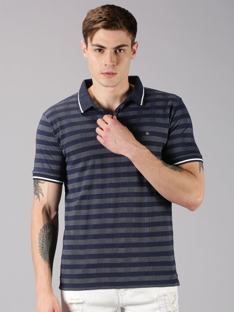 Men Navy Blue White Pique Striped Polo Collared Neck Recycled Cotton Half Sleeve Regular Fit Casual T-Shirt