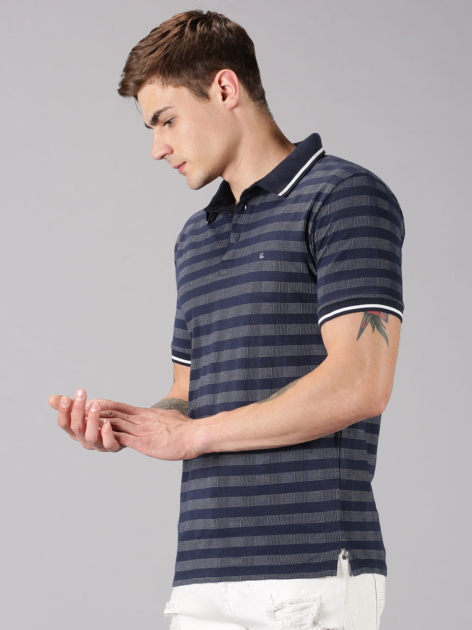 Men Navy Blue White Pique Striped Polo Collared Neck Recycled Cotton Half Sleeve Regular Fit Casual T-Shirt