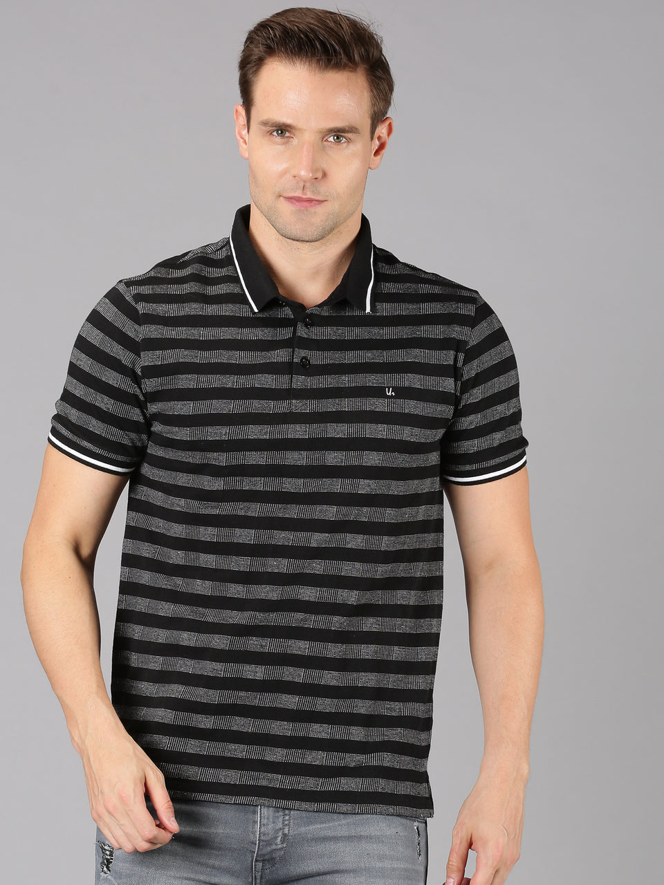 Men Black White Pique Stripes Polo Collared Neck Recycled Cotton Half Sleeve Regular Fit Casual T-Shirt