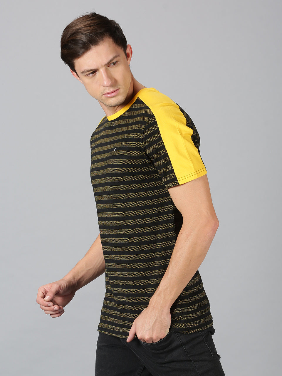 Men Navy Blue Yellow Pique Striped Round Neck Organic Pure Cotton Half Sleeve Regular Fit Casual T-Shirt