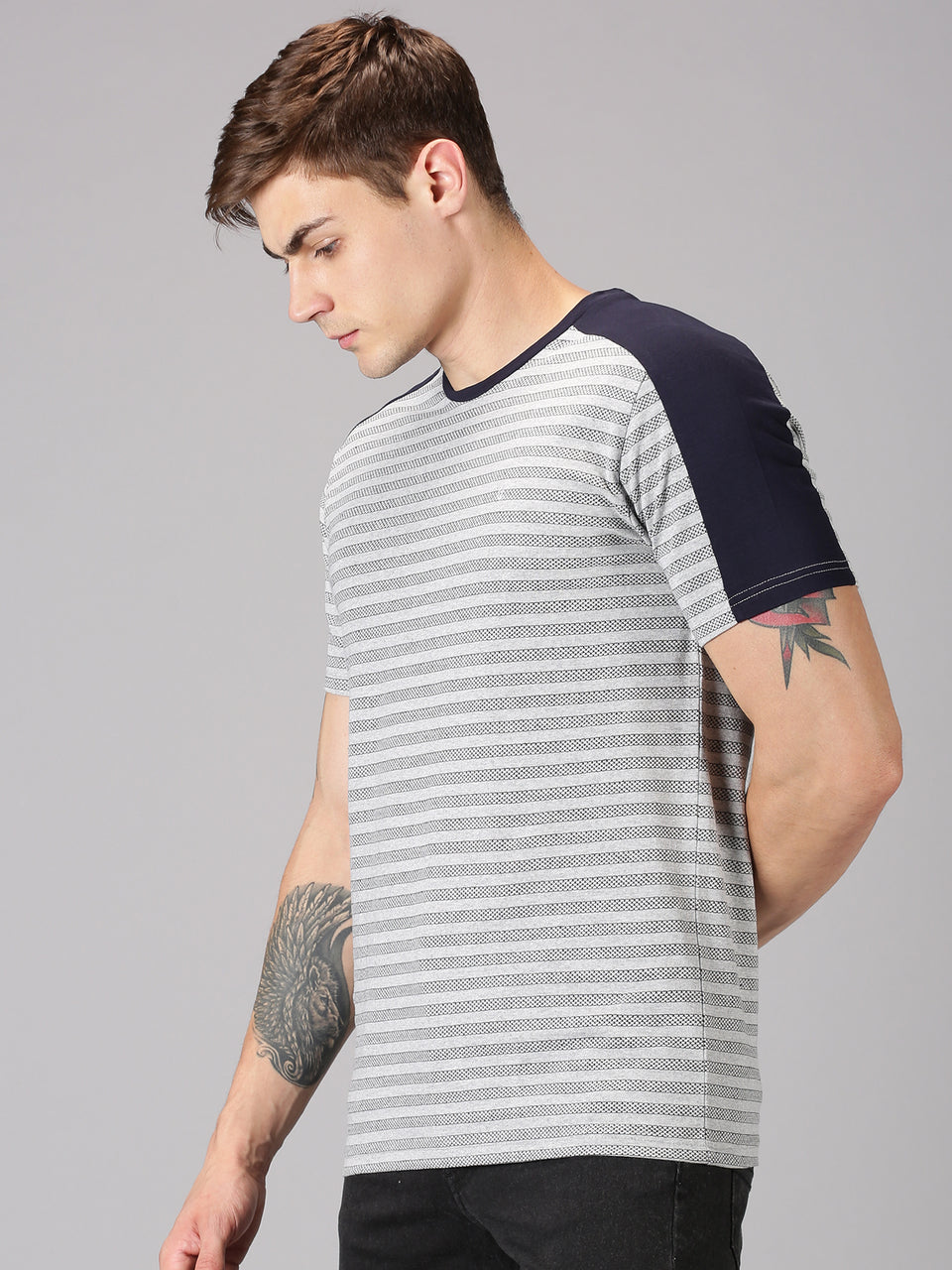 Men Grey Navy Blue Pique Striped Round Neck Recycled Cotton Half Sleeve Regular Fit Casual T-Shirt