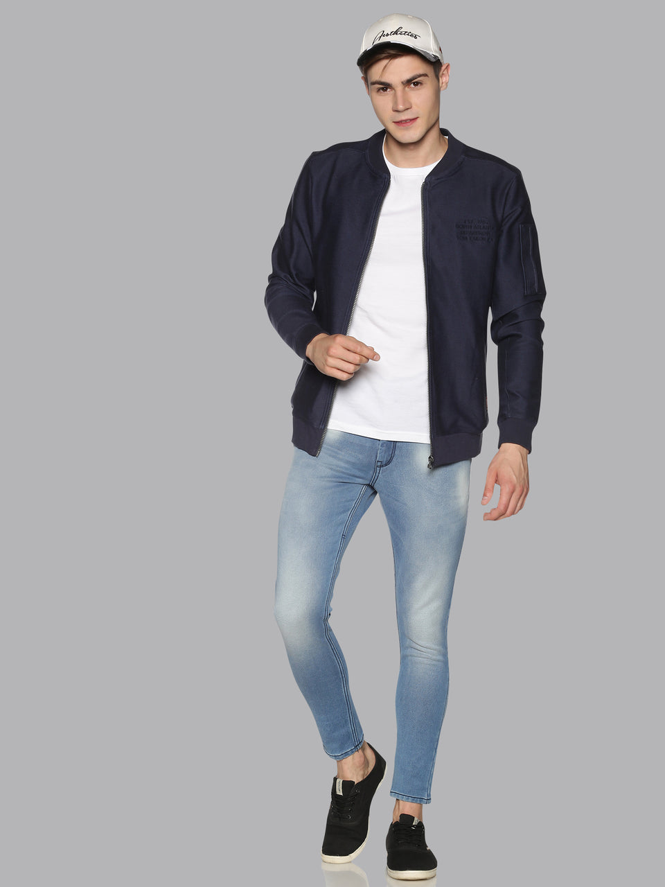Men Navy Blue Plain Solid Trendy Neck Organic Cotton Blend Full Sleeve Front Open Zipper Regular Fit Casual T Shirt