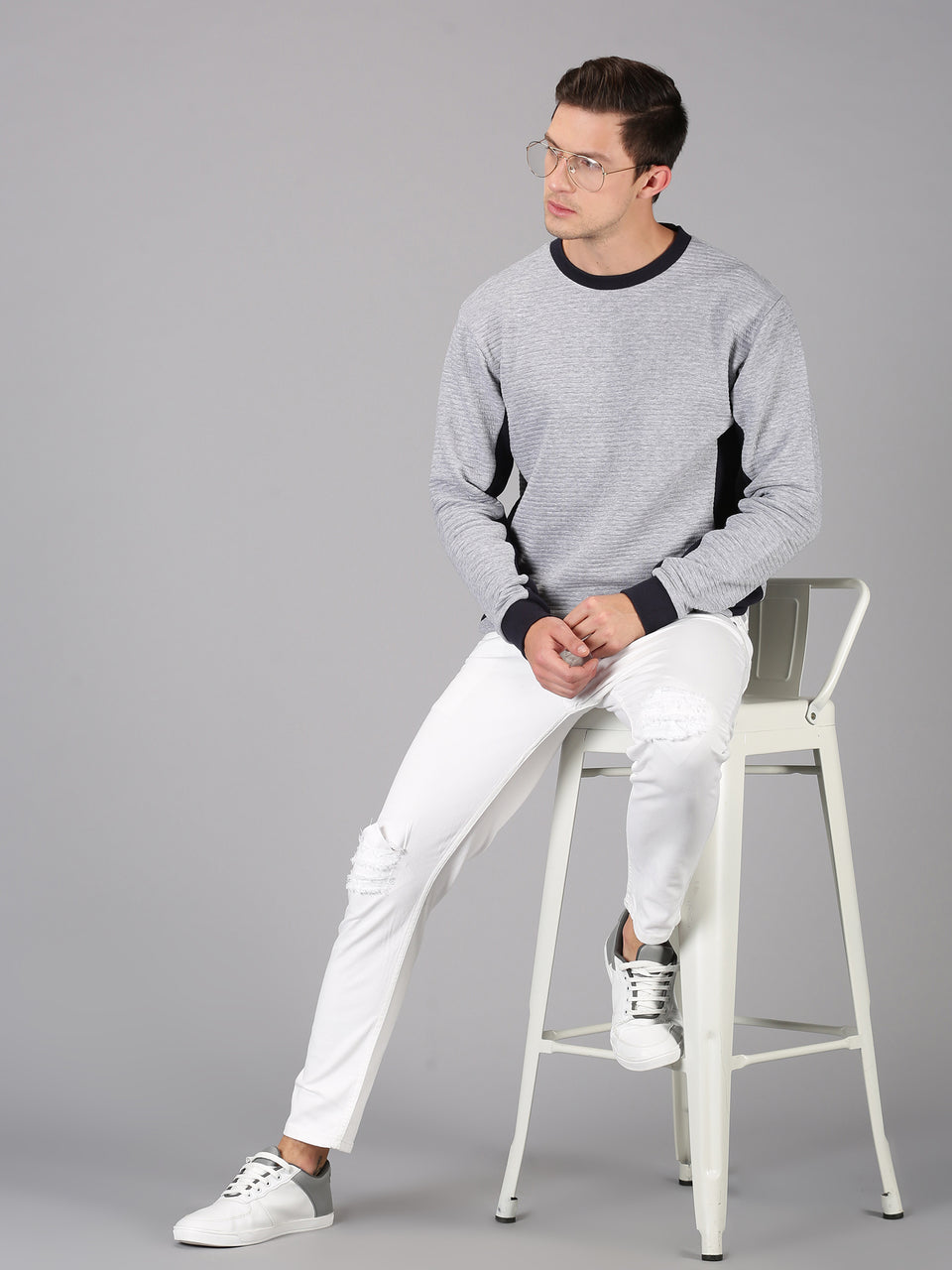 Men Grey Melange Self Design Quilt Knit Round Neck Recycled Cotton Full Sleeve Regular Fit Casual Pullover Sweatshirt
