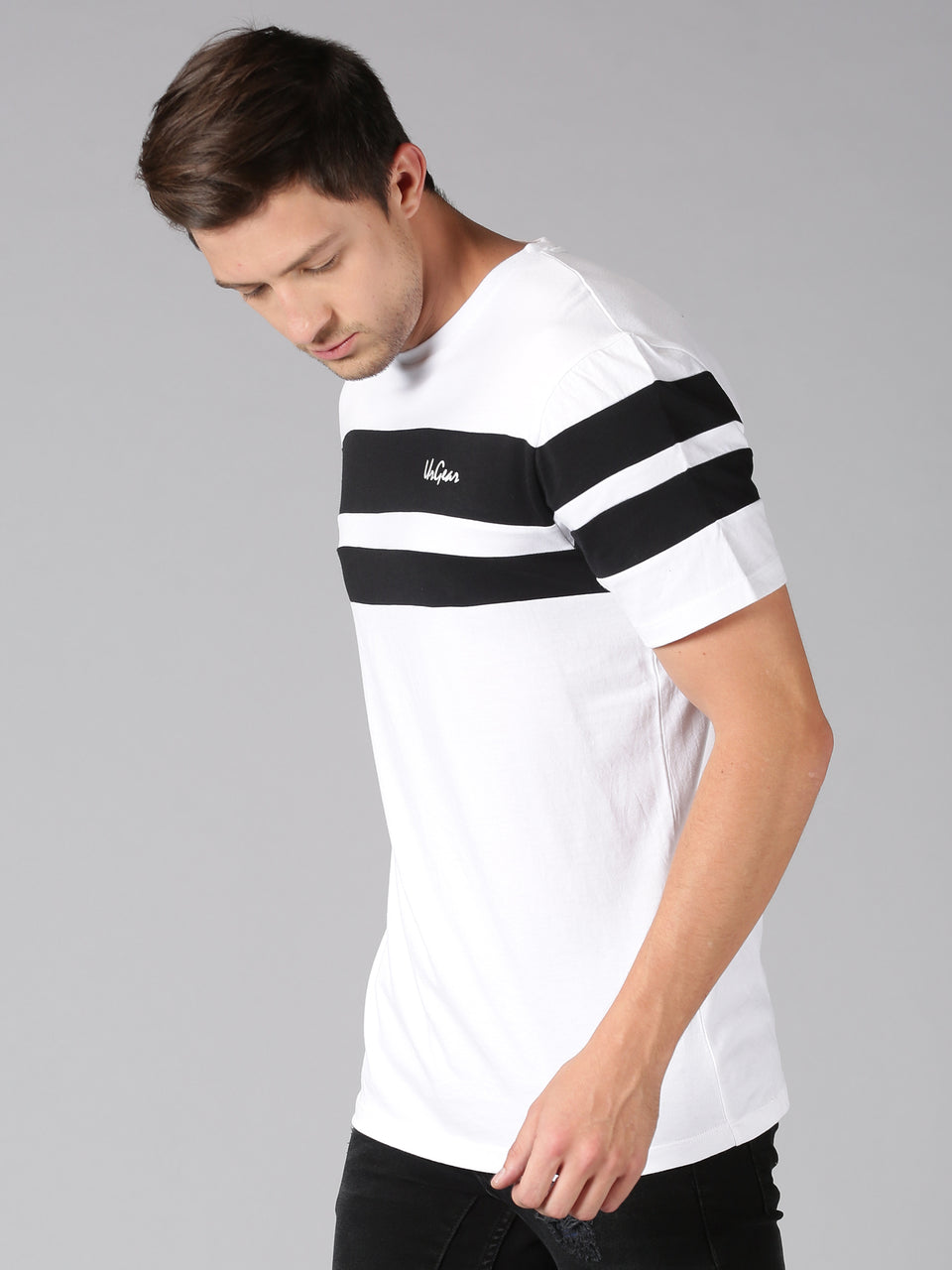 Men White Black Piping Stripes Round Neck Organic Pure Cotton Half Sleeve Regular Fit Casual T-Shirt