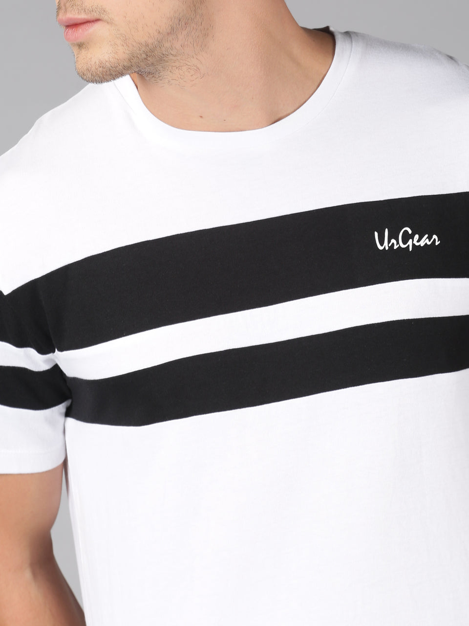 Men White Black Piping Stripes Round Neck Organic Pure Cotton Half Sleeve Regular Fit Casual T-Shirt