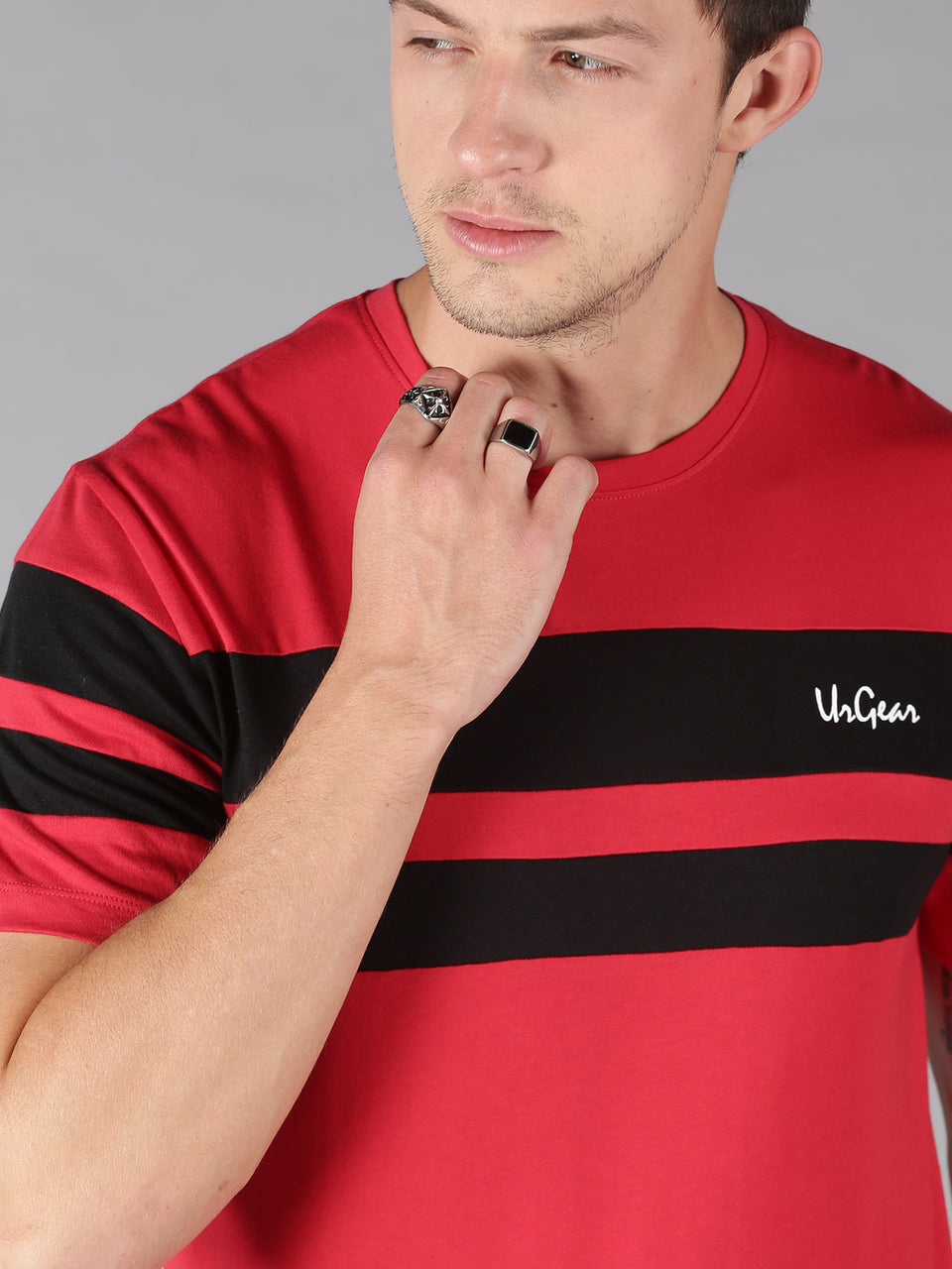 Men Red Black Piping Stripes Round Neck Organic Pure Cotton Half Sleeve Regular Fit Casual T-Shirt