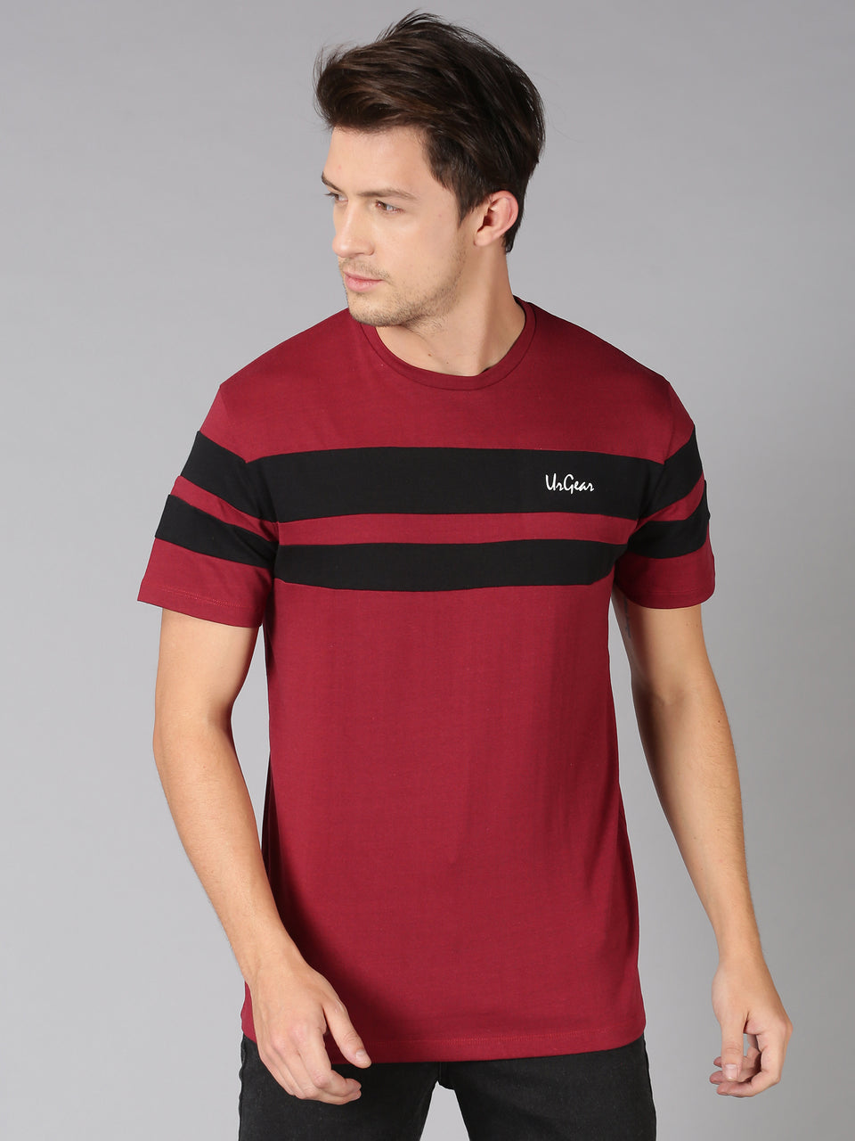 Men Maroon Black Piping Stripes Round Neck Organic Pure Cotton Half Sleeve Regular Fit Casual T-Shirt