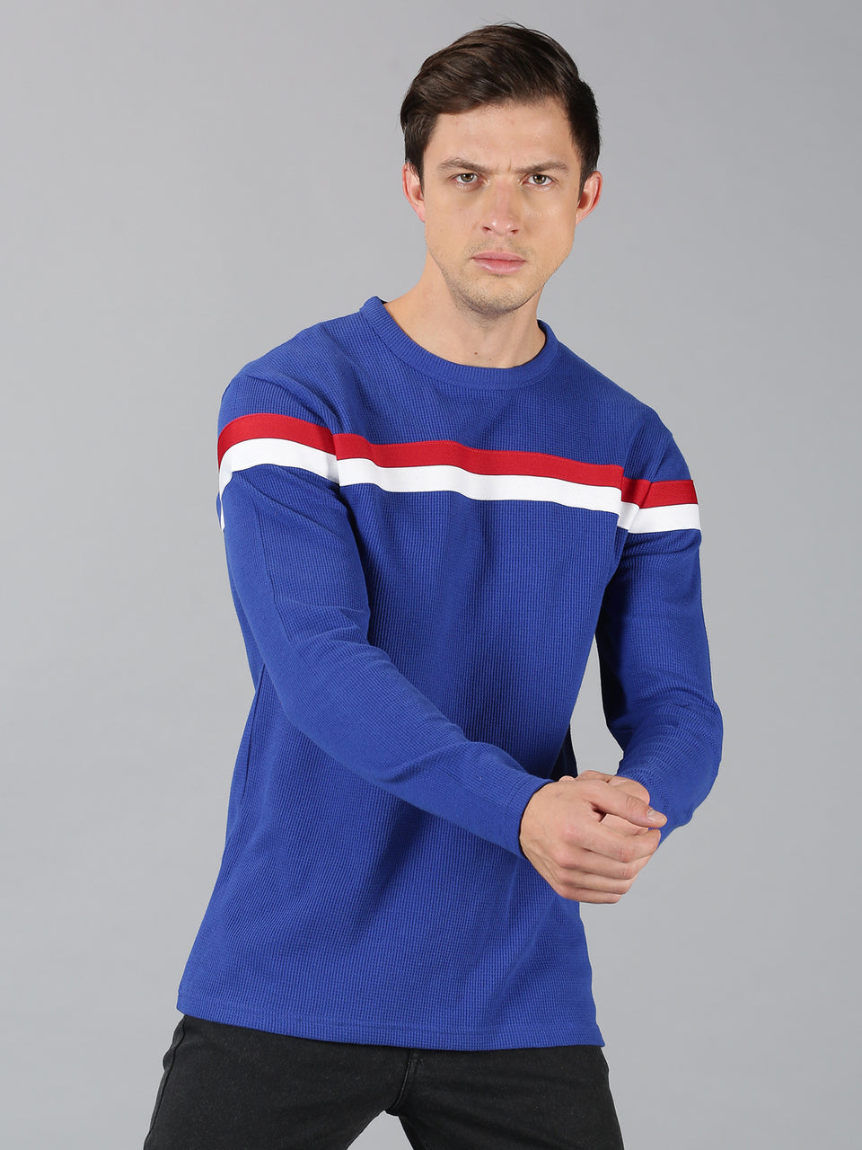 Men Royal Blue Chest Tape Waffy High Neck Recycled Cotton Long Sleeve Regular Fit Casual Pullover Sweatshirt