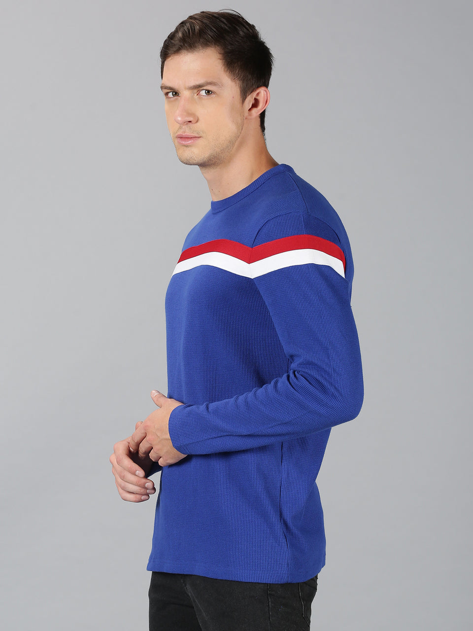 Men Royal Blue Chest Tape Waffy High Neck Recycled Cotton Long Sleeve Regular Fit Casual Pullover Sweatshirt