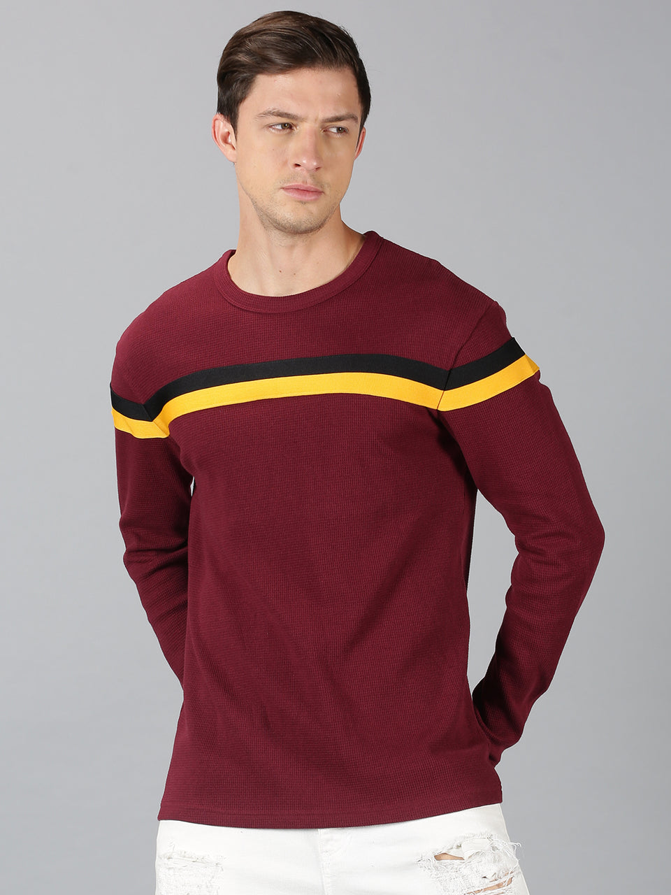 Men Maroon Chest Tape Waffy High Neck Recycled Cotton Long Sleeve Regular Fit Casual Pullover Sweatshirt