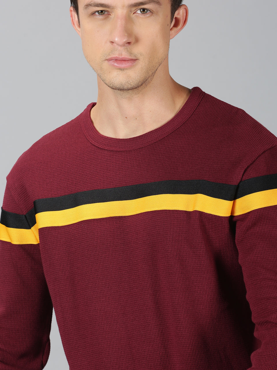 Men Maroon Chest Tape Waffy High Neck Recycled Cotton Long Sleeve Regular Fit Casual Pullover Sweatshirt