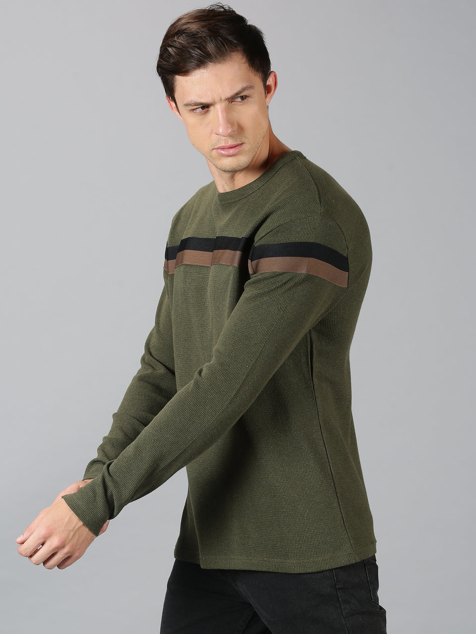 Men Olive Green Chest Tape Waffy High Neck Recycled Cotton Long Sleeve Regular Fit Casual Pullover Sweatshirt