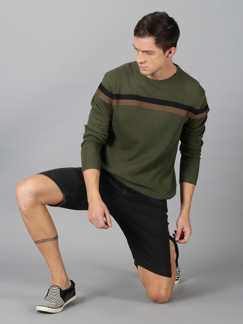 Men Olive Green Chest Tape Waffy High Neck Recycled Cotton Long Sleeve Regular Fit Casual Pullover Sweatshirt