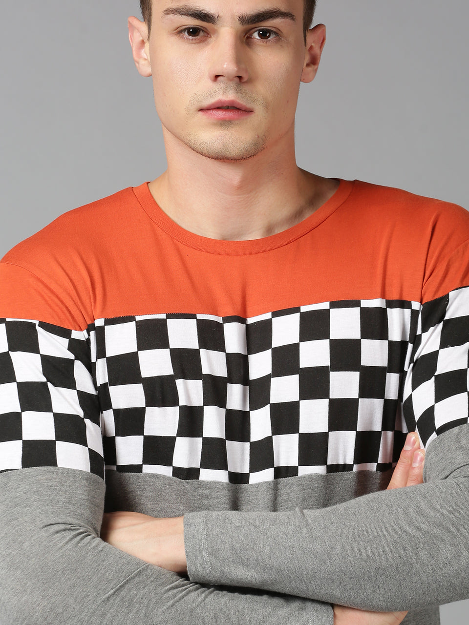 Men Orange Grey Checked Organic Cotton Long Sleeve Casual T-Shirt