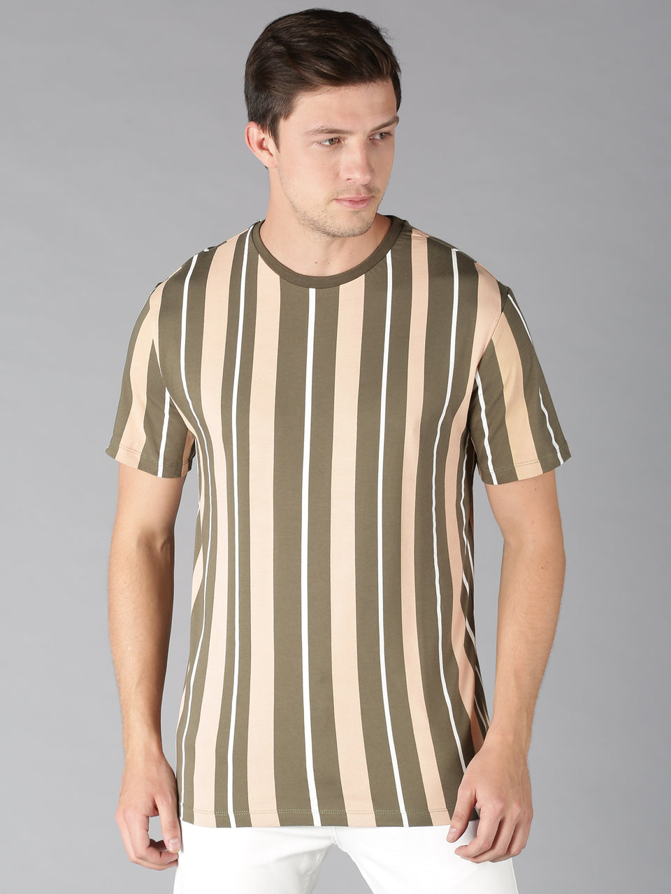 Men Green Beige Striped Round Neck Pure Cotton Half Sleeve Casual T-Shirt