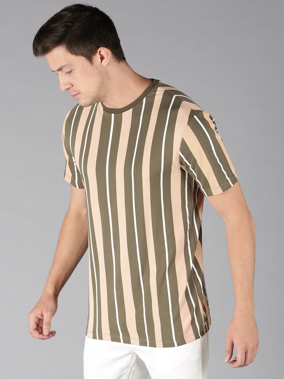 Men Green Beige Striped Round Neck Pure Cotton Half Sleeve Casual T-Shirt