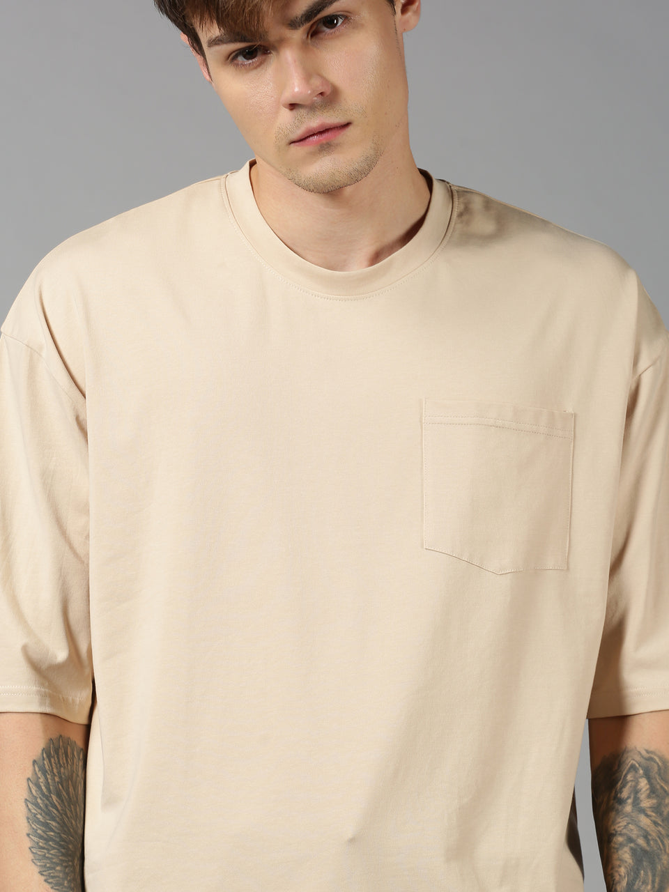 Men Beige Plain Solid Round Neck Organic Cotton Over Sized Loose Fit Half Sleeve Casual T-Shirt