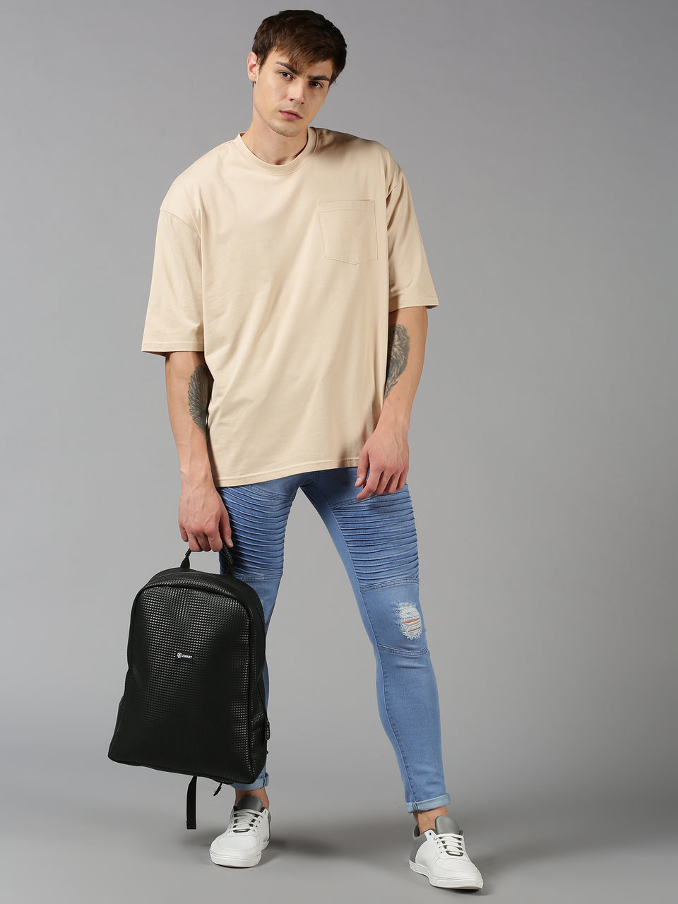 Men Beige Plain Solid Round Neck Organic Cotton Over Sized Loose Fit Half Sleeve Casual T-Shirt