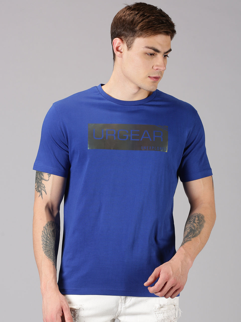 Men Blue Typographic Printed Round Neck Organic Cotton Half Sleeve Casual T-Shirt