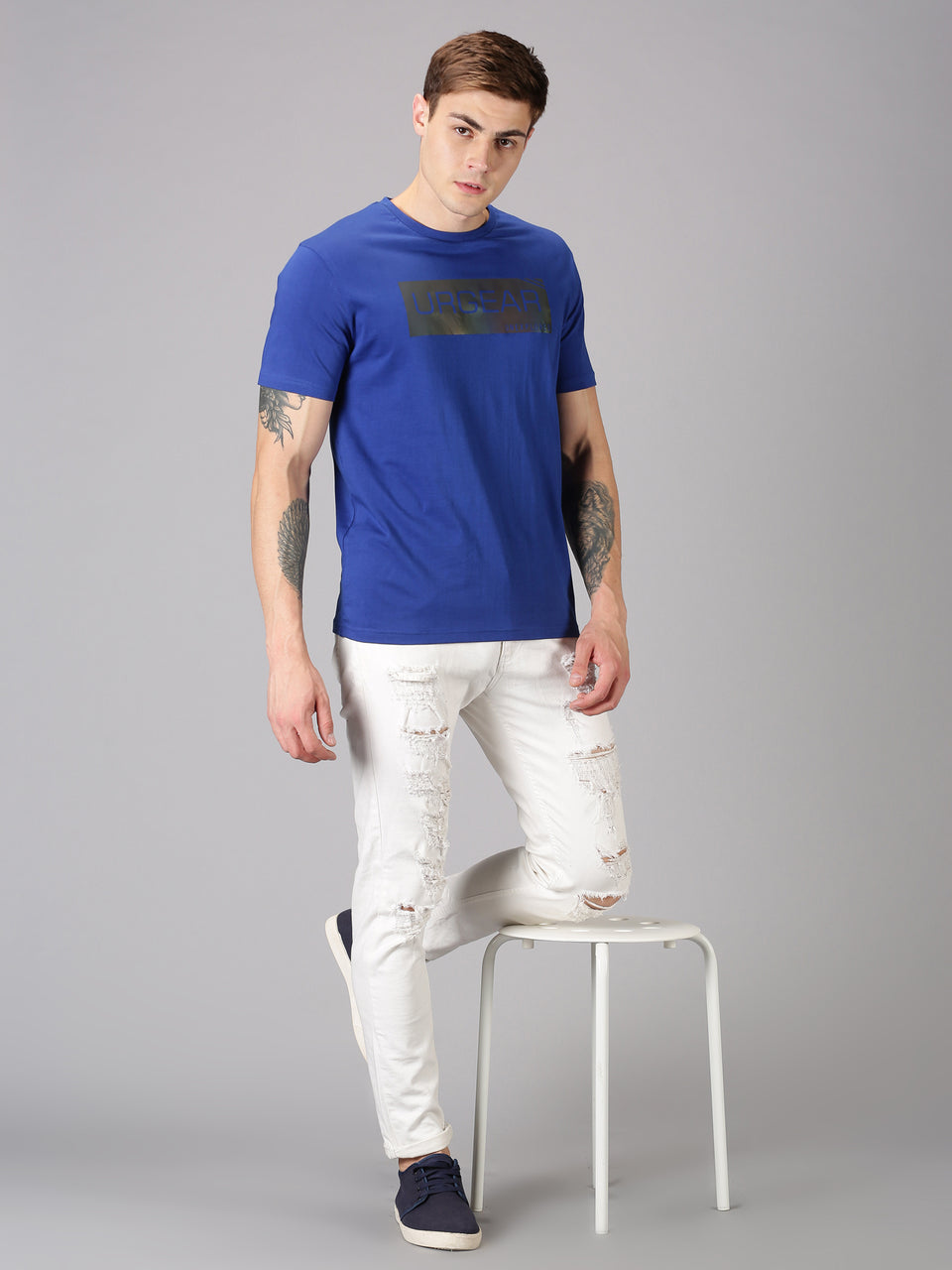 Men Blue Typographic Printed Round Neck Organic Cotton Half Sleeve Casual T-Shirt
